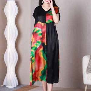 Eye-Catchy Colorful Printed Dress Silk Short Sleeves Midi Dress