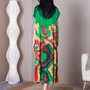 Eye-Catchy Colorful Printed Dress Silk Short Sleeves Midi Dress