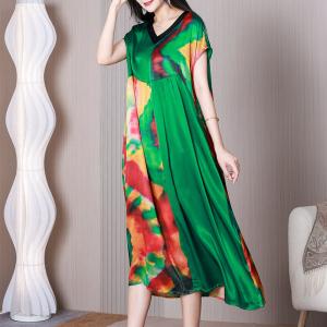 Eye-Catchy Colorful Printed Dress Silk Short Sleeves Midi Dress