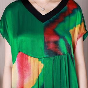 Eye-Catchy Colorful Printed Dress Silk Short Sleeves Midi Dress