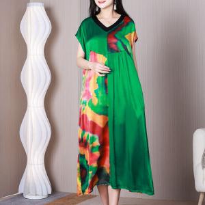 Eye-Catchy Colorful Printed Dress Silk Short Sleeves Midi Dress