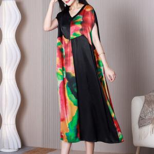 Eye-Catchy Colorful Printed Dress Silk Short Sleeves Midi Dress