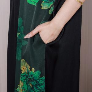 Elastic Waist Printed Green Dress V-Neck A-Line Dress