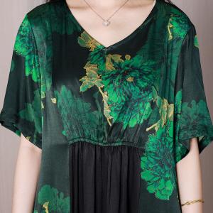 Elastic Waist Printed Green Dress V-Neck A-Line Dress