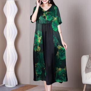 Elastic Waist Printed Green Dress V-Neck A-Line Dress