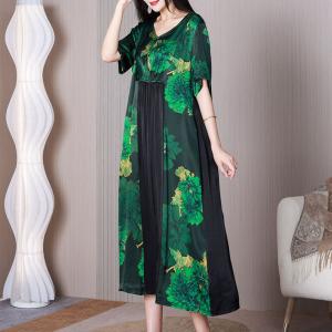 Elastic Waist Printed Green Dress V-Neck A-Line Dress