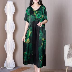 Elastic Waist Printed Green Dress V-Neck A-Line Dress