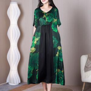 Elastic Waist Printed Green Dress V-Neck A-Line Dress