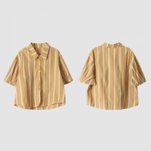 Vertical Striped Yellow Shirt Cotton Short Blouse