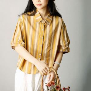 Vertical Striped Yellow Shirt Cotton Short Blouse