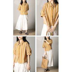 Vertical Striped Yellow Shirt Cotton Short Blouse