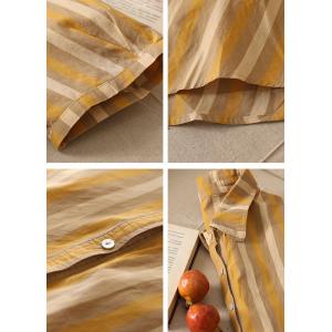 Vertical Striped Yellow Shirt Cotton Short Blouse