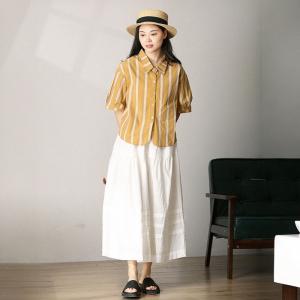 Vertical Striped Yellow Shirt Cotton Short Blouse