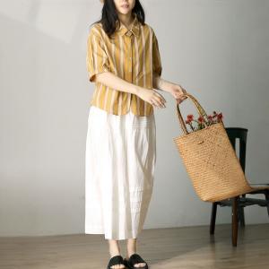 Vertical Striped Yellow Shirt Cotton Short Blouse