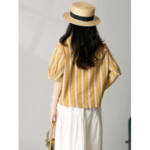 Vertical Striped Yellow Shirt Cotton Short Blouse