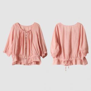 Baby Pink Wrap Blouse Ramie Drawstring Blouse