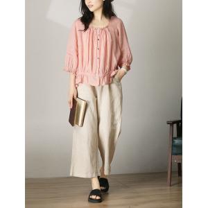 Baby Pink Wrap Blouse Ramie Drawstring Blouse