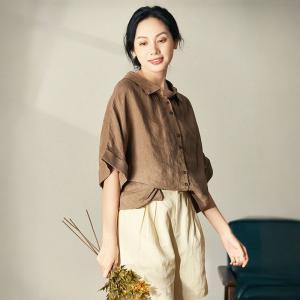 Short Sleeves Coffee Ladies Shirt Oversized Linen Blouse