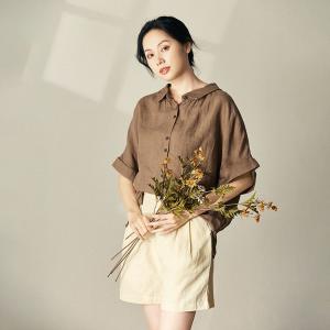 Short Sleeves Coffee Ladies Shirt Oversized Linen Blouse