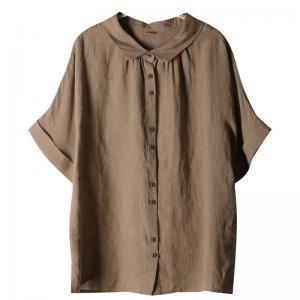 Short Sleeves Coffee Ladies Shirt Oversized Linen Blouse