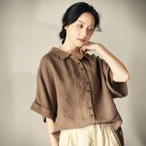 Short Sleeves Coffee Ladies Shirt Oversized Linen Blouse