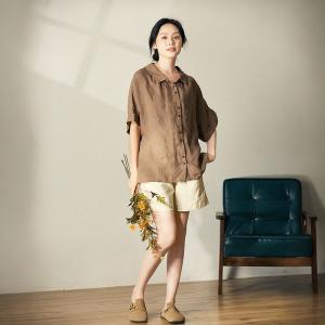 Short Sleeves Coffee Ladies Shirt Oversized Linen Blouse