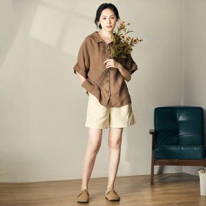 Short Sleeves Coffee Ladies Shirt Oversized Linen Blouse