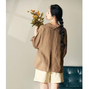 Short Sleeves Coffee Ladies Shirt Oversized Linen Blouse