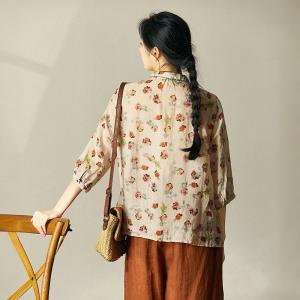 Red Floral Ramie Cruise Shirt Puff Sleeves Cozy Flax Clothing