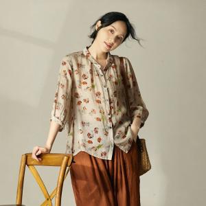 Red Floral Ramie Cruise Shirt Puff Sleeves Cozy Flax Clothing