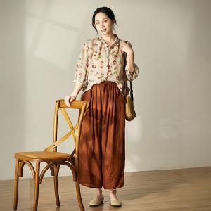 Red Floral Ramie Cruise Shirt Puff Sleeves Cozy Flax Clothing
