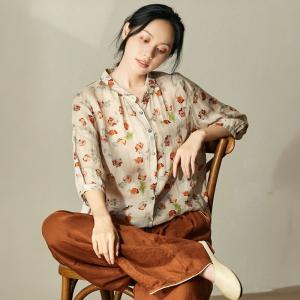 Red Floral Ramie Cruise Shirt Puff Sleeves Cozy Flax Clothing