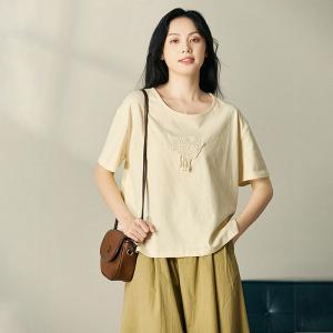 Crochet Lace Patchwork Apricot T-shirt Cotton Casual Tee