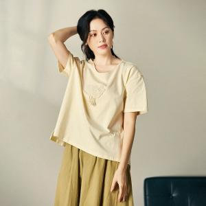 Crochet Lace Patchwork Apricot T-shirt Cotton Casual Tee