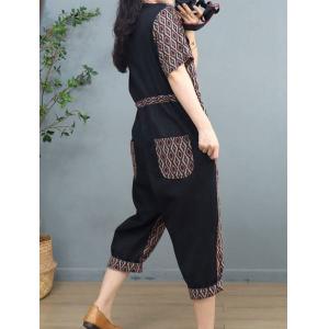 Folk Patterned Tied Jumpsuits Denim Patchwork Flax Casual Jumpsuits