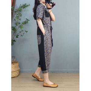 Folk Patterned Tied Jumpsuits Denim Patchwork Flax Casual Jumpsuits