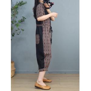 Folk Patterned Tied Jumpsuits Denim Patchwork Flax Casual Jumpsuits