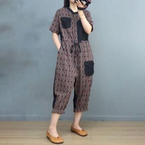 Folk Patterned Tied Jumpsuits Denim Patchwork Flax Casual Jumpsuits