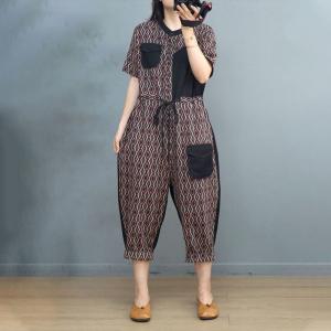 Folk Patterned Tied Jumpsuits Denim Patchwork Flax Casual Jumpsuits