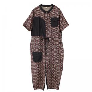 Folk Patterned Tied Jumpsuits Denim Patchwork Flax Casual Jumpsuits