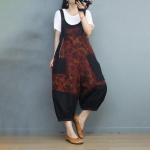 Red Printed Black Balloon Overalls Cotton Linen Gardening Overalls