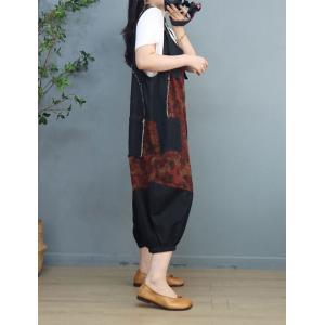 Red Printed Black Balloon Overalls Cotton Linen Gardening Overalls