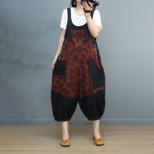 Red Printed Black Balloon Overalls Cotton Linen Gardening Overalls