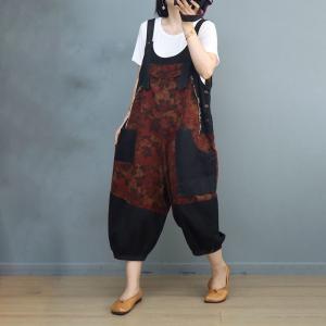 Red Printed Black Balloon Overalls Cotton Linen Gardening Overalls