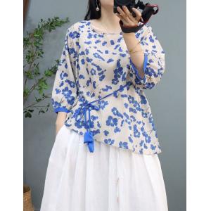 Blue Flowers Tassel Belted Blouse Ramie Oversized Wrap Shirt