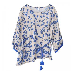 Blue Flowers Tassel Belted Blouse Ramie Oversized Wrap Shirt