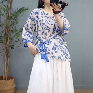 Blue Flowers Tassel Belted Blouse Ramie Oversized Wrap Shirt