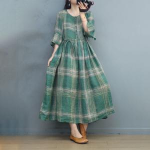 Tied Waist Green Tartan Dress Loose Ramie Hawaii Wear