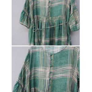 Tied Waist Green Tartan Dress Loose Ramie Hawaii Wear