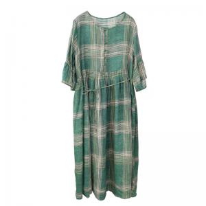 Tied Waist Green Tartan Dress Loose Ramie Hawaii Wear